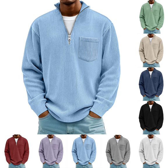 Jopfuhed Sweatshirt for Men Plus Size Solid Color Casual Stand Collar Quarter Zip Sweatshirt with Pocket Loose Long Sleeve Corduroy Pullover Tops,Sizes S-5XL