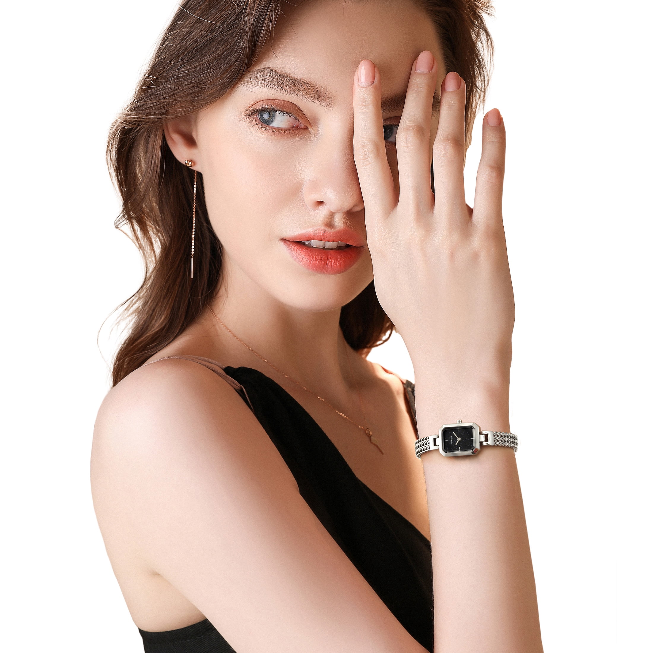 BERNY Small Silver Watches for Women, Dainty Minimalist Quartz Watch with Square Dial, Bracelet Band, Waterproof Watch Mother's Day Gift for Women (Black)