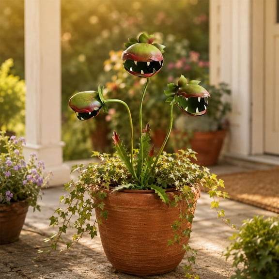 Whimsical Metal Carnivorous Plant Garden Stake, 25-inch Large Venus Flytrap Monster Plant Sculpture, Fun Outdoor Decorative Art Pieces