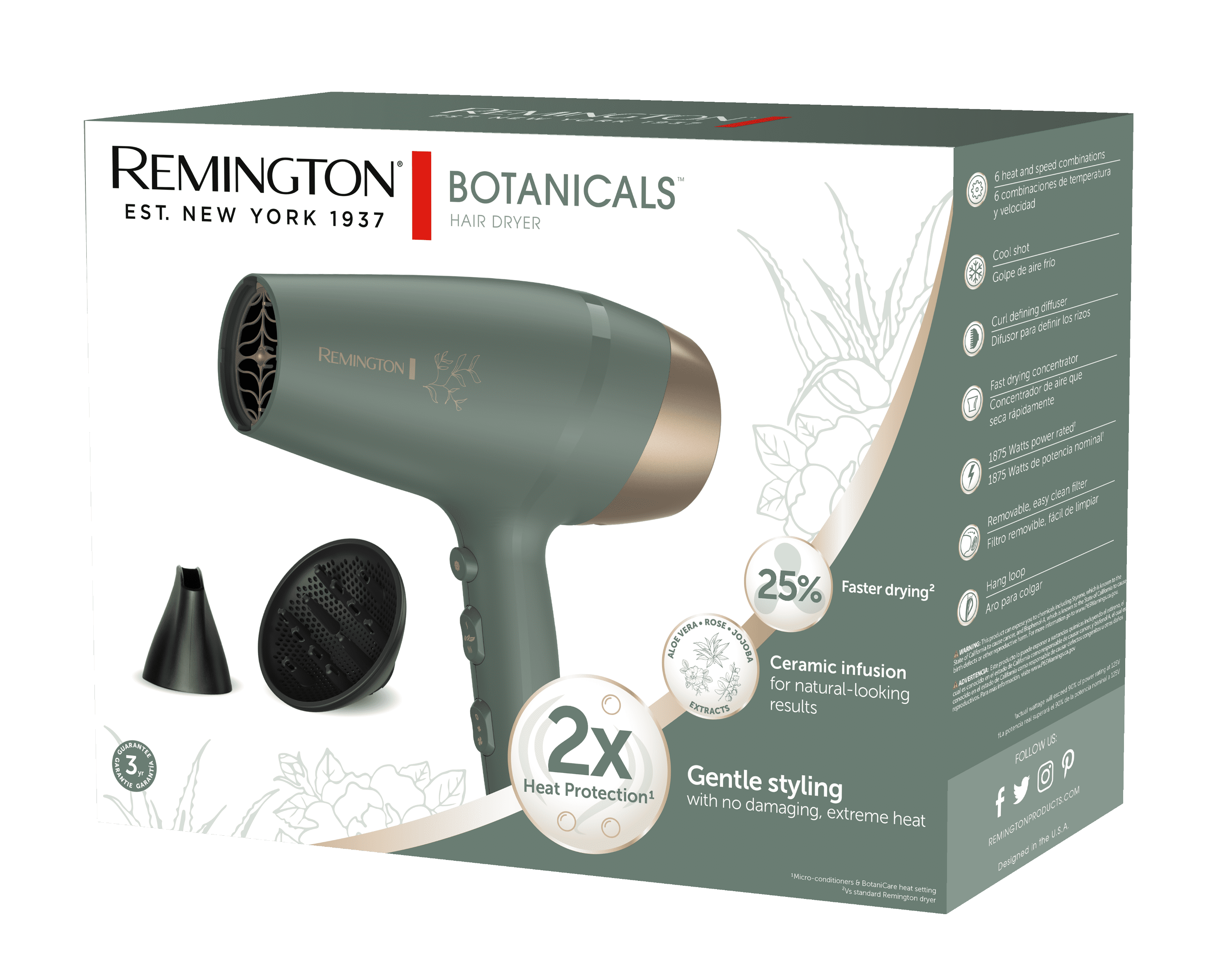 Remington Botanicals Hair Dryer, Ceramic, 6 Heat Settings, Cool Shot, Green