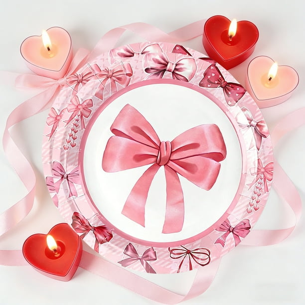Platos de papel desechables con estampado de lazos | Paquete de 10 platos con lazos para decorar fiestas de baby shower, despedidas de soltera y cumpleaños | 23 x 23 cm