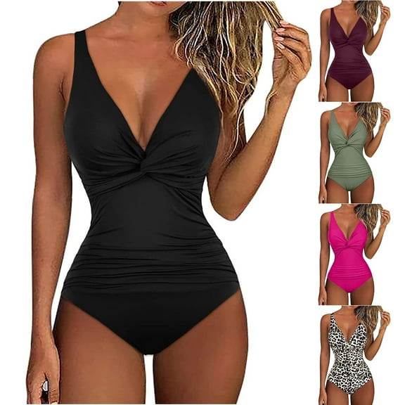 Jacenvly Womens One-Piece Swimsuit Soft Satiny Women Solid with Chest Pad Without Underwire Bikini Deep V One-Piece Swimsuit Multicolor V-Neck Casual Womens Swimwear Plus Size Army Green