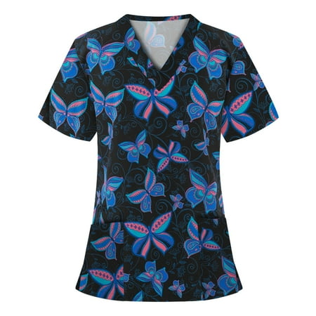 

JWZUY Funny Printed Scrub Tops Women Short Sleeve Stretchy V Neck Holiday T Shirt Soft Lightweight Working Uniform Pocket Nursing Workwear With Pocket Black M