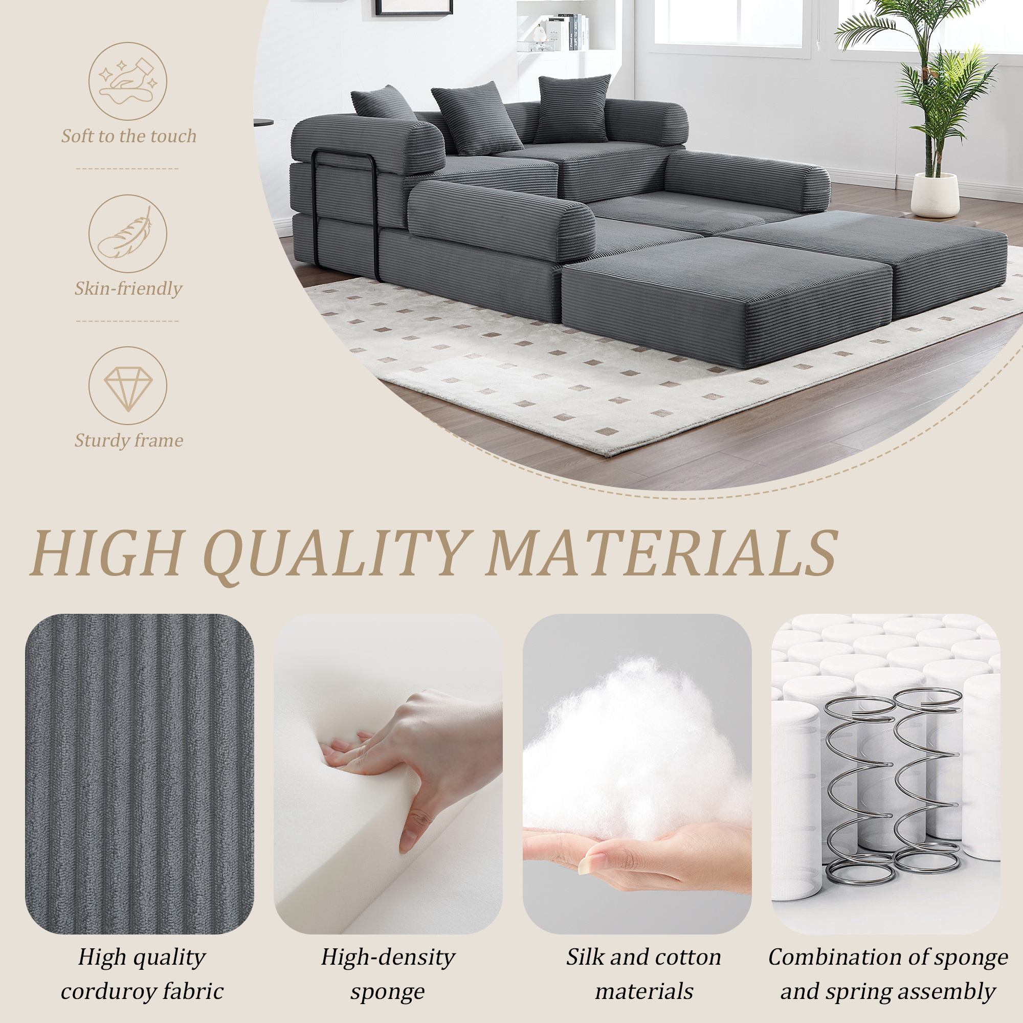 MOONMISS Corduroy Upholstered Convertible Folding Sofa Bed with Fixed Frame and Pillow Back Handrail-Gray