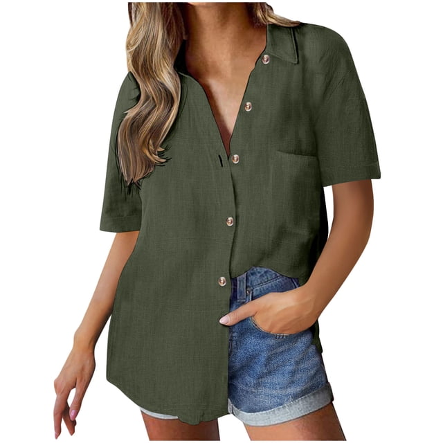 hotojiny Womens Button down Shirts Summer Cotton Linen Breathable Short Sleeve Blouses Loose Collared Oversized Tops with Pockets