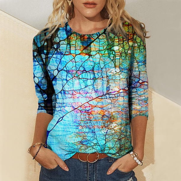 ICHUANYI Clearance Women Summer Fashion Flower Print Round Neck Long Sleeve T-shirt Top Blouse Pullover(Multicolor, M) ICHUANYI WER2023081204809
