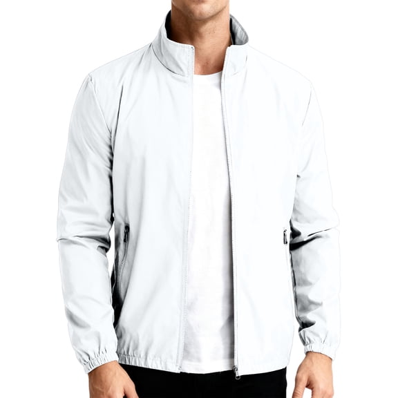 Men's Stand Collar Lightweight Wind Bomber Jacket, Full Zip Long Sleeve Casual Windbreaker with Zipper Side Pockets White 2XL