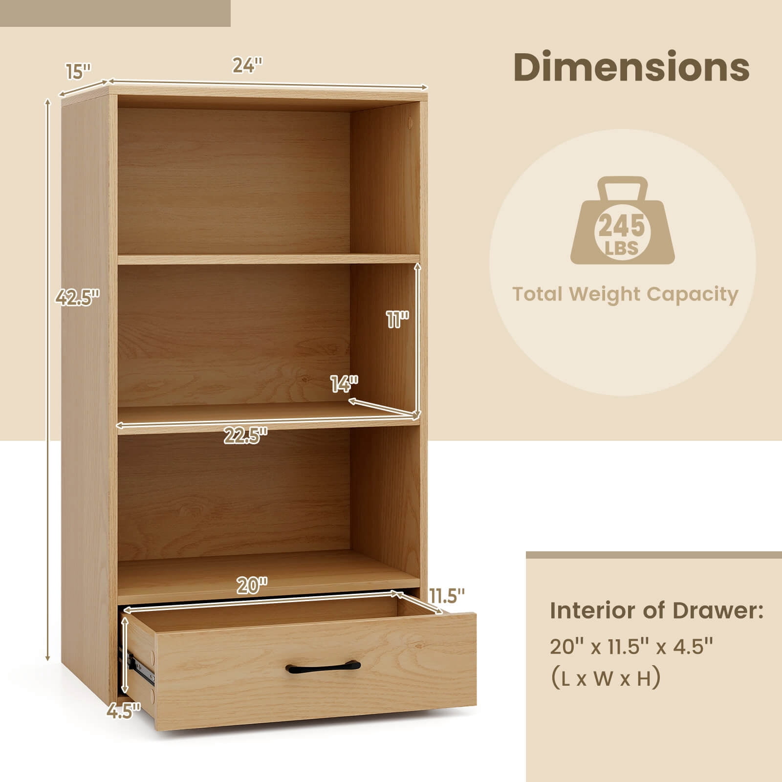 Costway 4-Tier Bookcase, 24'' x 15'' x 48'', Brown