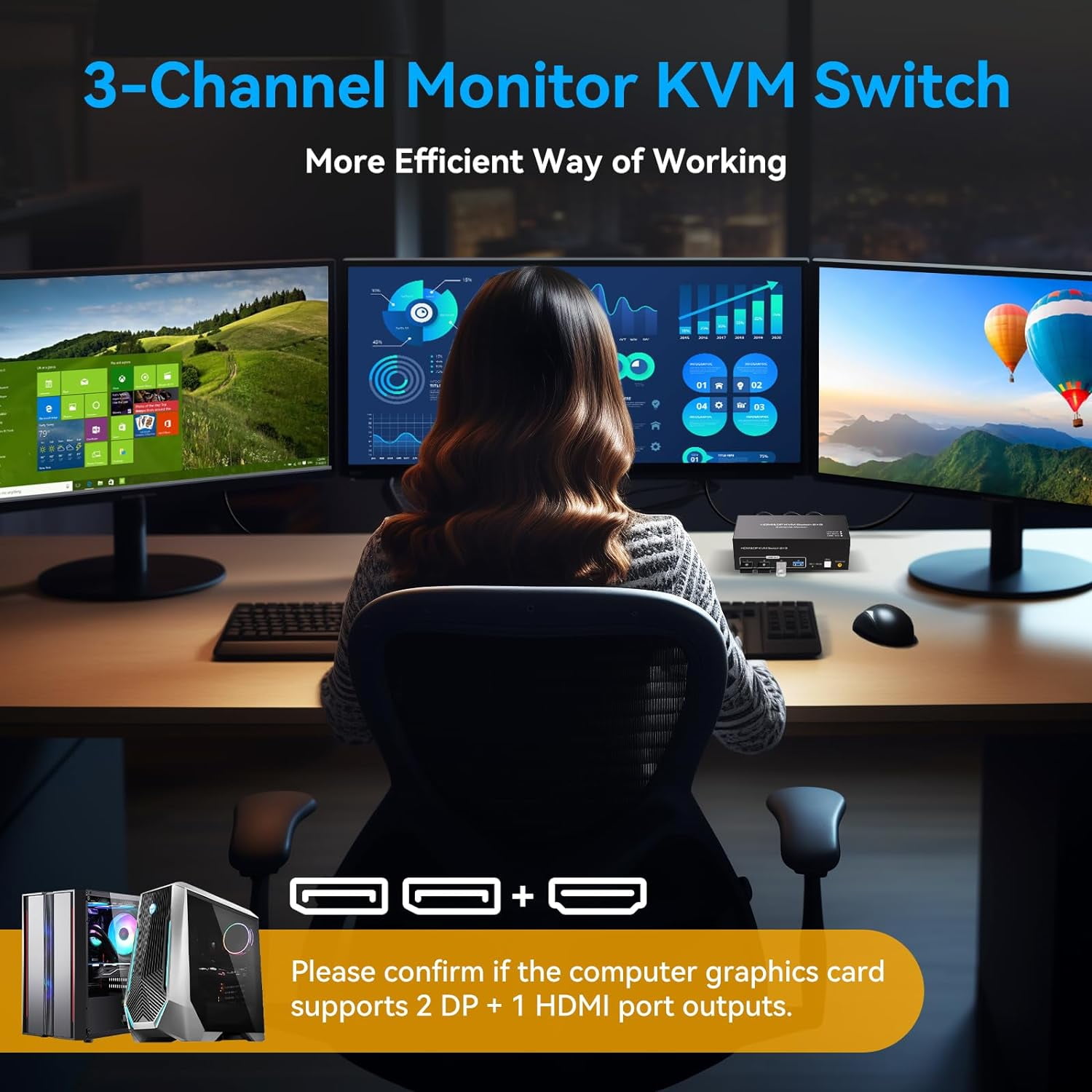 8K@60Hz HDMI+2 Displayport KVM Switch 3 Monitors 2 Computers 4K@120Hz USB 3.0 DP KVM Swtiches Triple Monitor 2 Port for 2 PC Share 1 Set of Keyboard Mouse Printer Hard Disk Etc Support Extended Mode