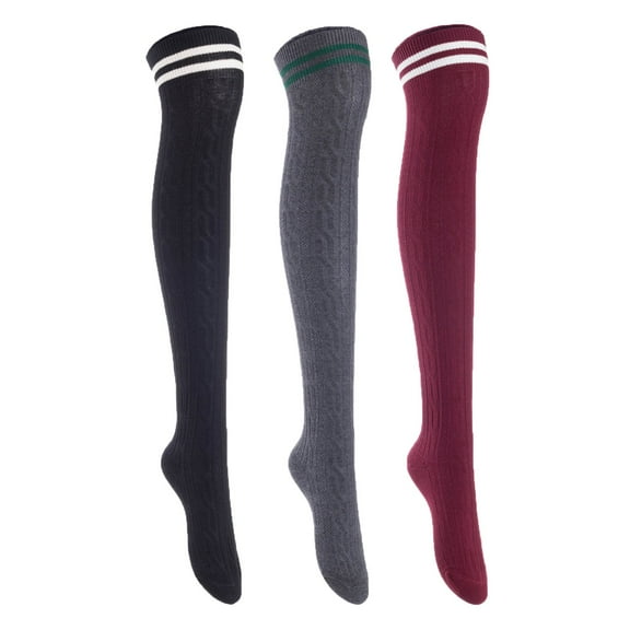 Lian Lifestyle Exquisite Big Girls Women 3 Pairs Thigh High Cotton Socks. Super Comfortable in Unique Colors Size 2.5-7 LBG1023Black,DG,Wine