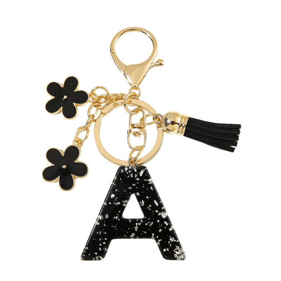 Gierzijia Black Flower Initial Letter Keychain Tassel Pendant Key Chain, Fashion Alphabet Key Ring Accessories