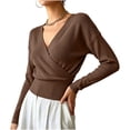 thumbnail image 3 of Lmueinov Womens Long Sleeve Knit Shirts Wrap V-Neck Cropped Pullover Sweater with Ribbed Hem for Women Cross Front Soft Business Casual Tops, 3 of 7