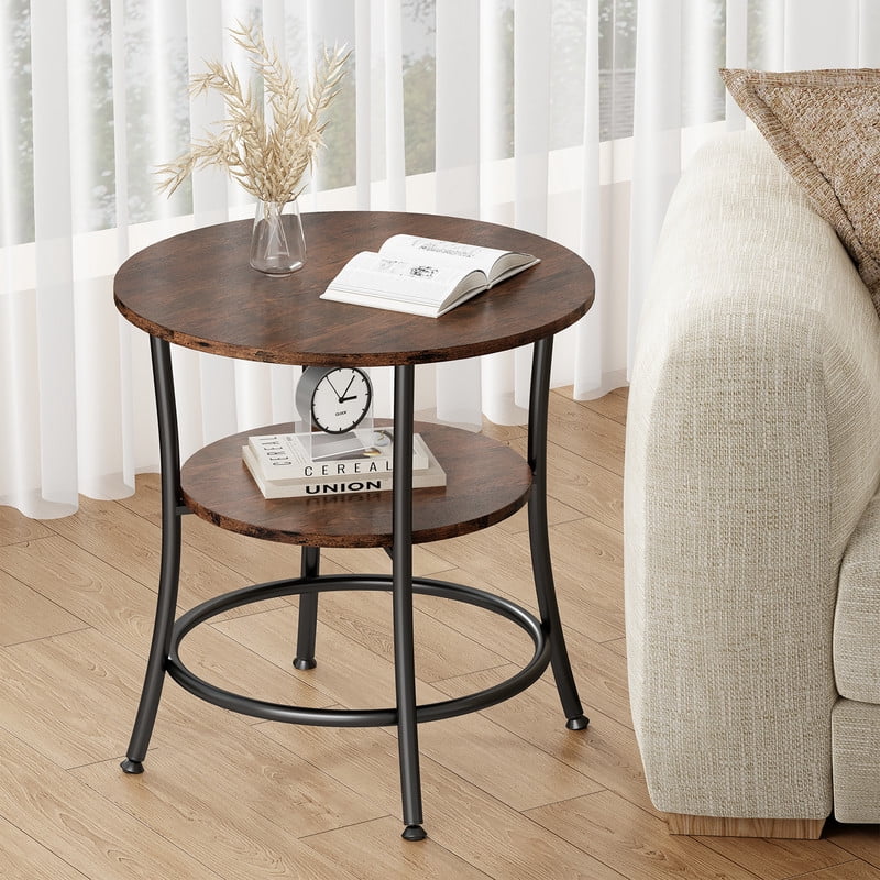 Gianna 2-Tier Round Side Table，Space-Saving End Table for Small Living Room & Bedroom，Rust Brown