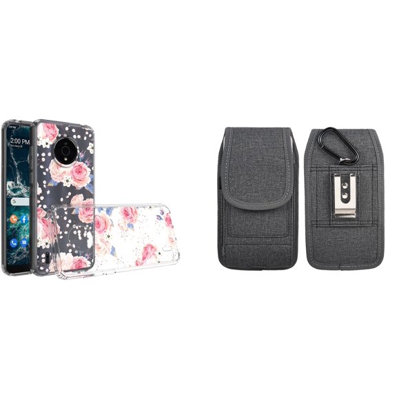 Case and Pouch Bundle for Nokia C200: Slim Series TPU Protector Case (Vintage Pink Floral) and Vertical Nylon Fabric Belt Holster (Grey)