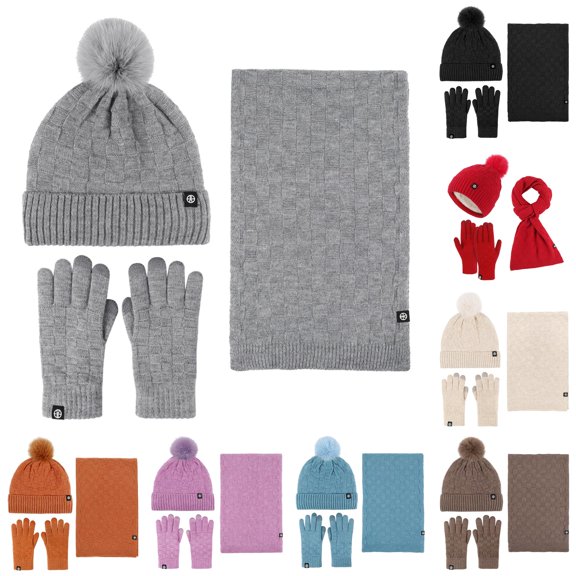 HNMKIU Couples Winter Outdoor Warm Knit Pile Hat Scarf Three Piece Check Set Matching Accessory Dark Gray - One Size