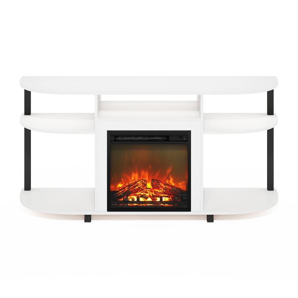 Furinno Jensen Open Storage Curved Entertainment Center Stand with Fireplace for TV up to 55 Inch, Solid White