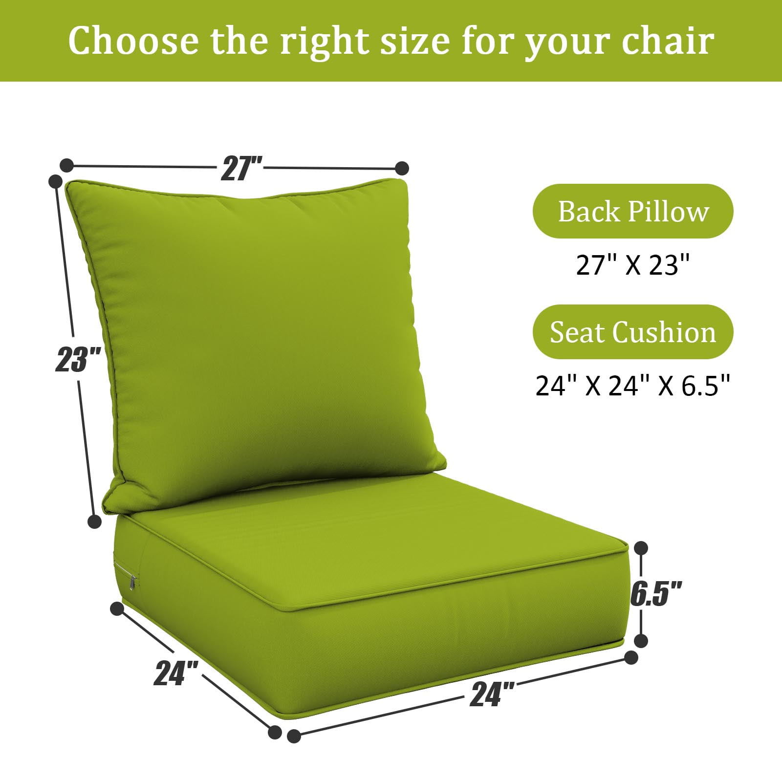 Snubbull Outdoor Deep Seat Cushion Set 24 X 24 X 6.5 Inch Splash-Proof & Fadeness Patio Furniture Cushions，Removable Outdoor Couch Cushions with Hidden Zipper & Adjustment Staps, Grass Green