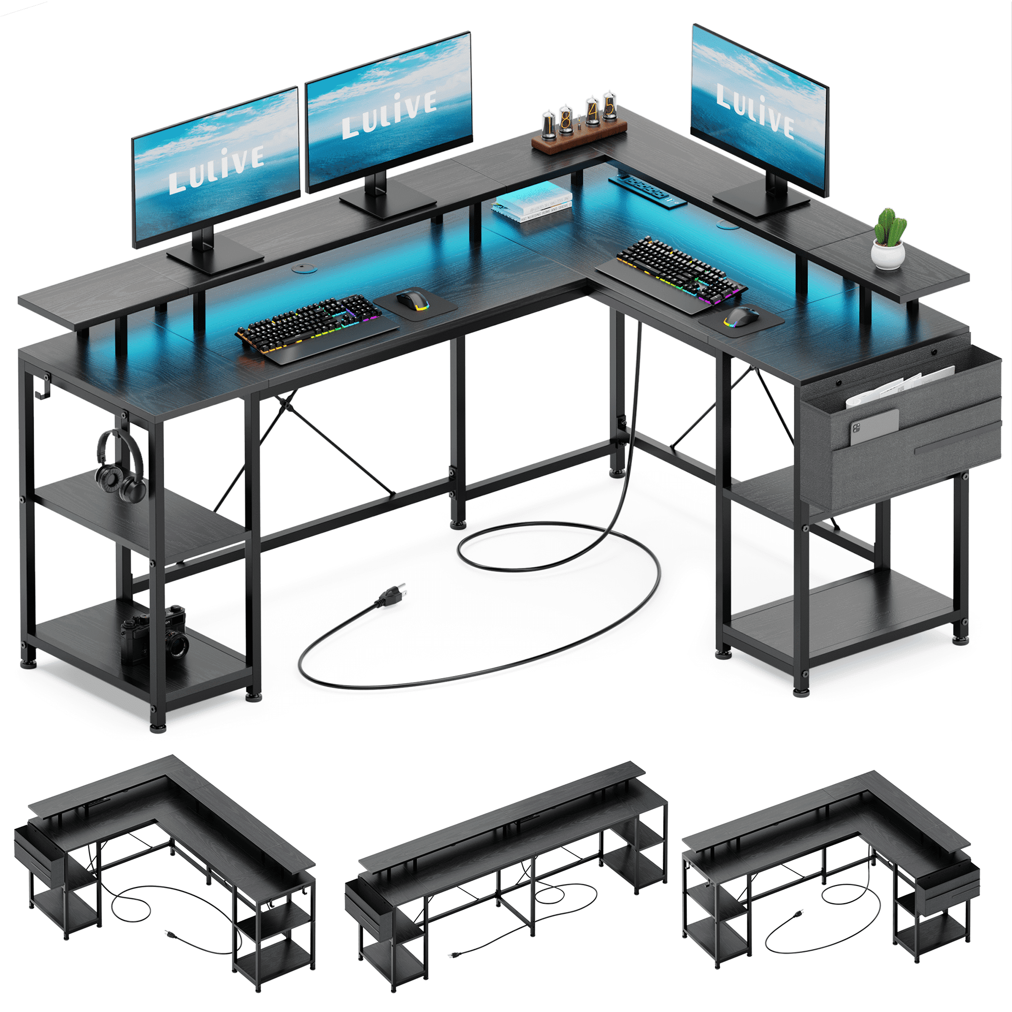 Lulive L Shaped Desk with LED Light and Power Outlet, 95