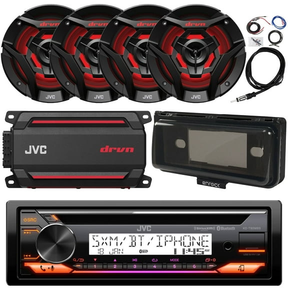 Single DIN Marine Bluetooth USB AUX AM/FM CD Player Receiver Bundle Combo with 4x 6.5" 2-Way Black Boat Audio Speakers with MultiColor LEDs, 4-Channel Amplifier w/ Install Kit, Radio Cover, Antenna