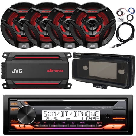 Single DIN Marine Bluetooth USB AUX AM/FM CD Player Receiver Bundle Combo with 4x 6.5 2-Way Black Boat Audio Speakers with MultiColor LEDs 4-Channel Amplifier w/ Install Kit Radio Cover Antenna