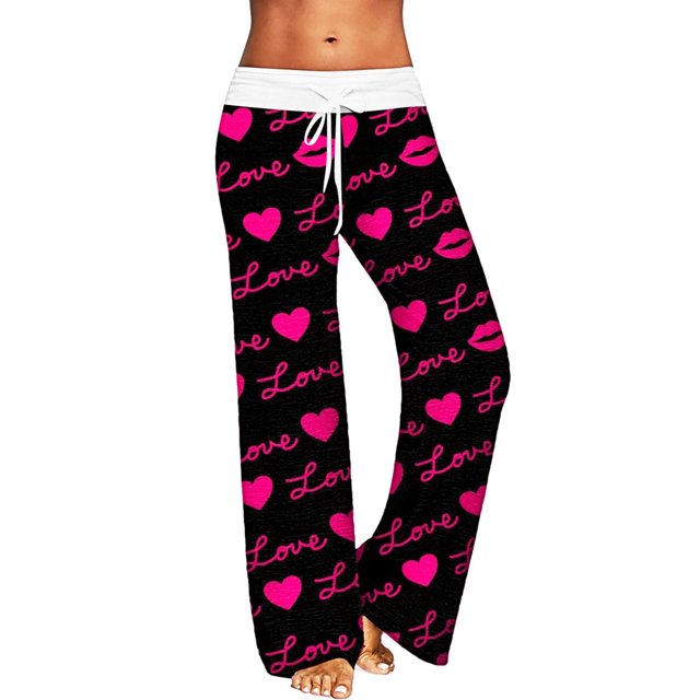 Pantalons pour Femmes Saint-Valentin Imprimé Amour Pantalons à Cordon de Serrage Jambes Larges Pantalons Décontractés Rose Vif Polyester Spandex m