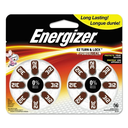 - Energizer EZ Turn & Lock + Power Seal Zinc Air Hearing Aid Batteries, 1.4V, Mercury-free, Size 312, Pack of 16