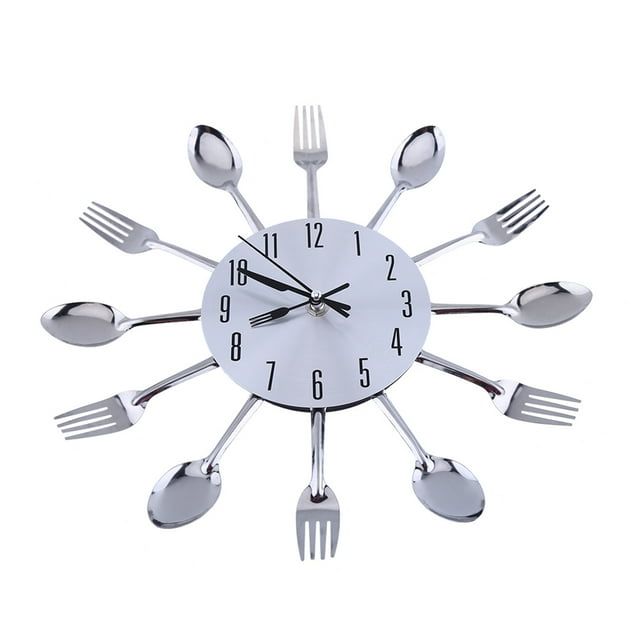 Reloj de pared grande con superficie de espejo 3D, diseño moderno plateado, cubiertos, utensilios de cocina, cuchara, tenedor, bricolaje