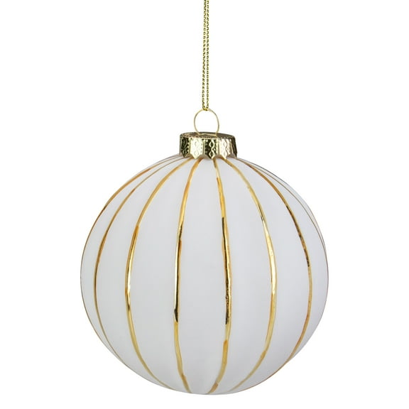 Northlight Gold Striped Christmas Glass Ball Ornament - 4" - White and Gold