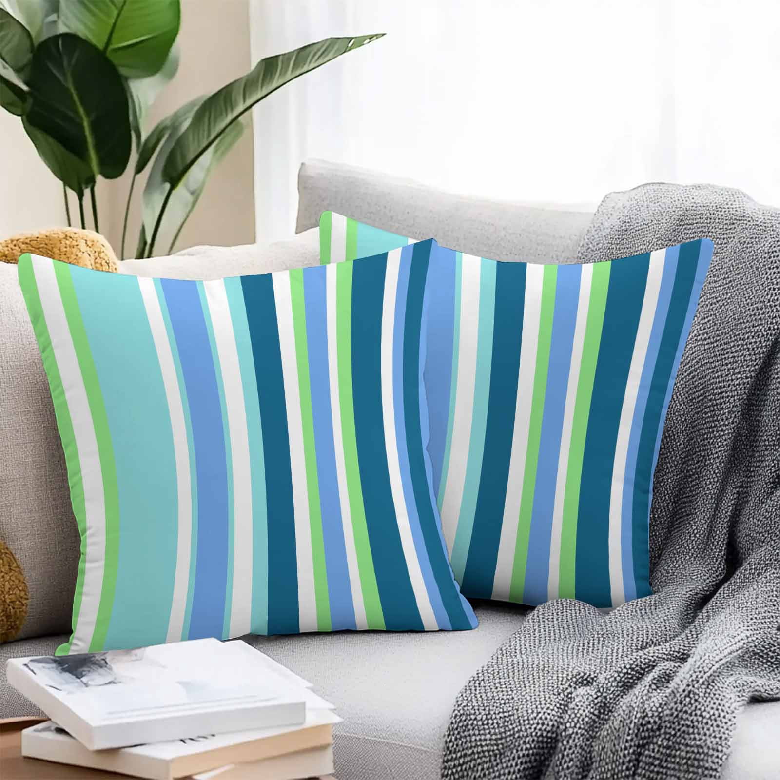 Blue Green Stripes Outdoor Pillow Covers Set of 2 White Striped Colorful Summer Texture Waterproof Throw Pillow Case Decorative Square Cushion Cover for Patio Couch Garden Balcony, 16"x16"