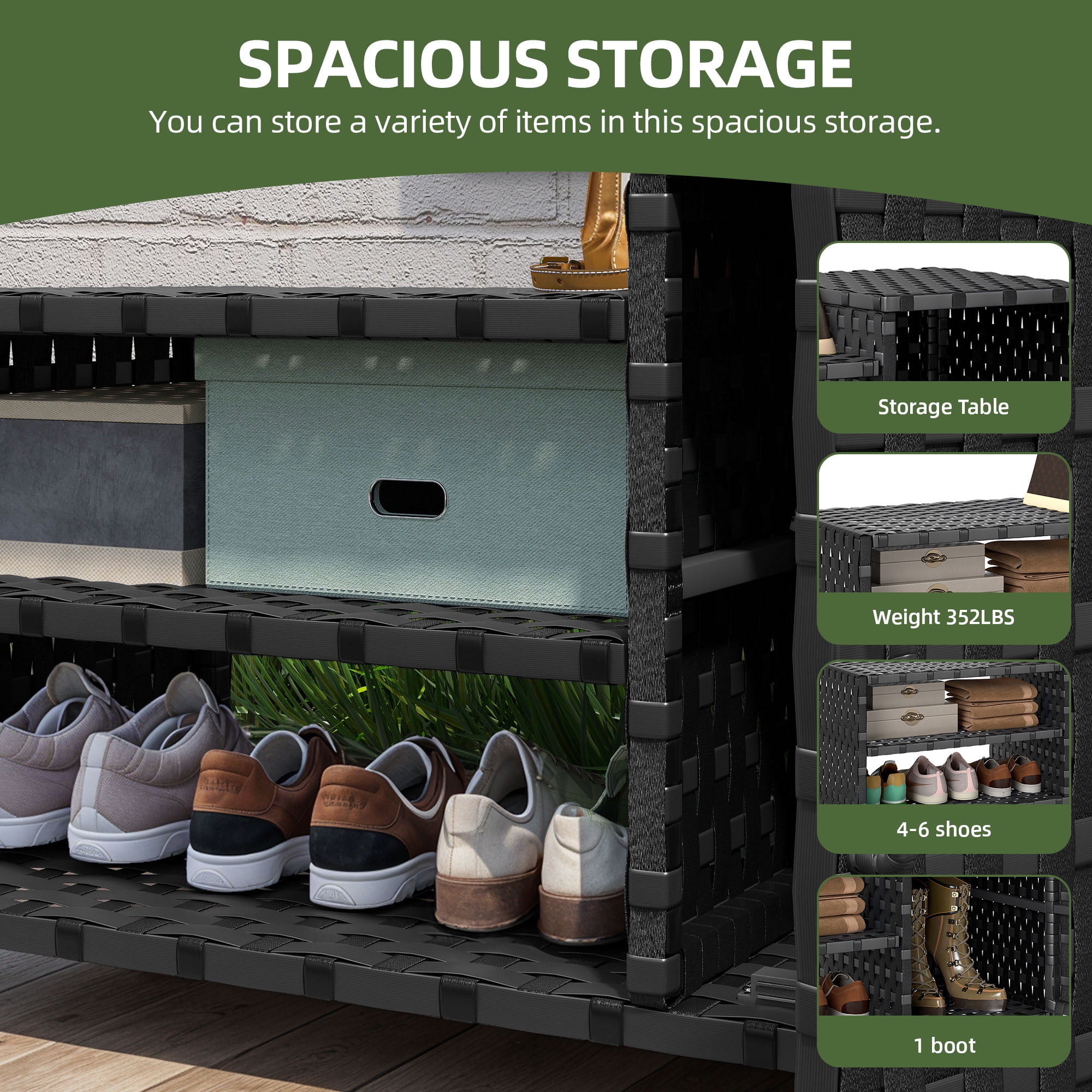 Uforic Woven Outdoor Pool Storage, Shoe Cabinet with Bench, Multi-Layer Storage - Durable PE Rattan Storage for Garden, Poolside, or Patio (Black)