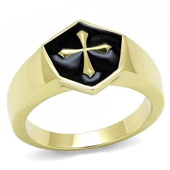 Mens Ring Black Gold Cross Stainless Steel Ring with Epoxy in Jet