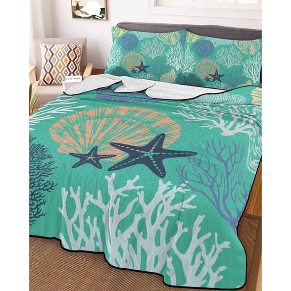 Aqua Gray Shell Coral King Size Down Alternative Comforter,Lightweight Comforter Quilt Bedding Set with Pillow Shams Coastal Summer Beach Nautical Ocean Bed Comforter Duvet Insert 96"x106"