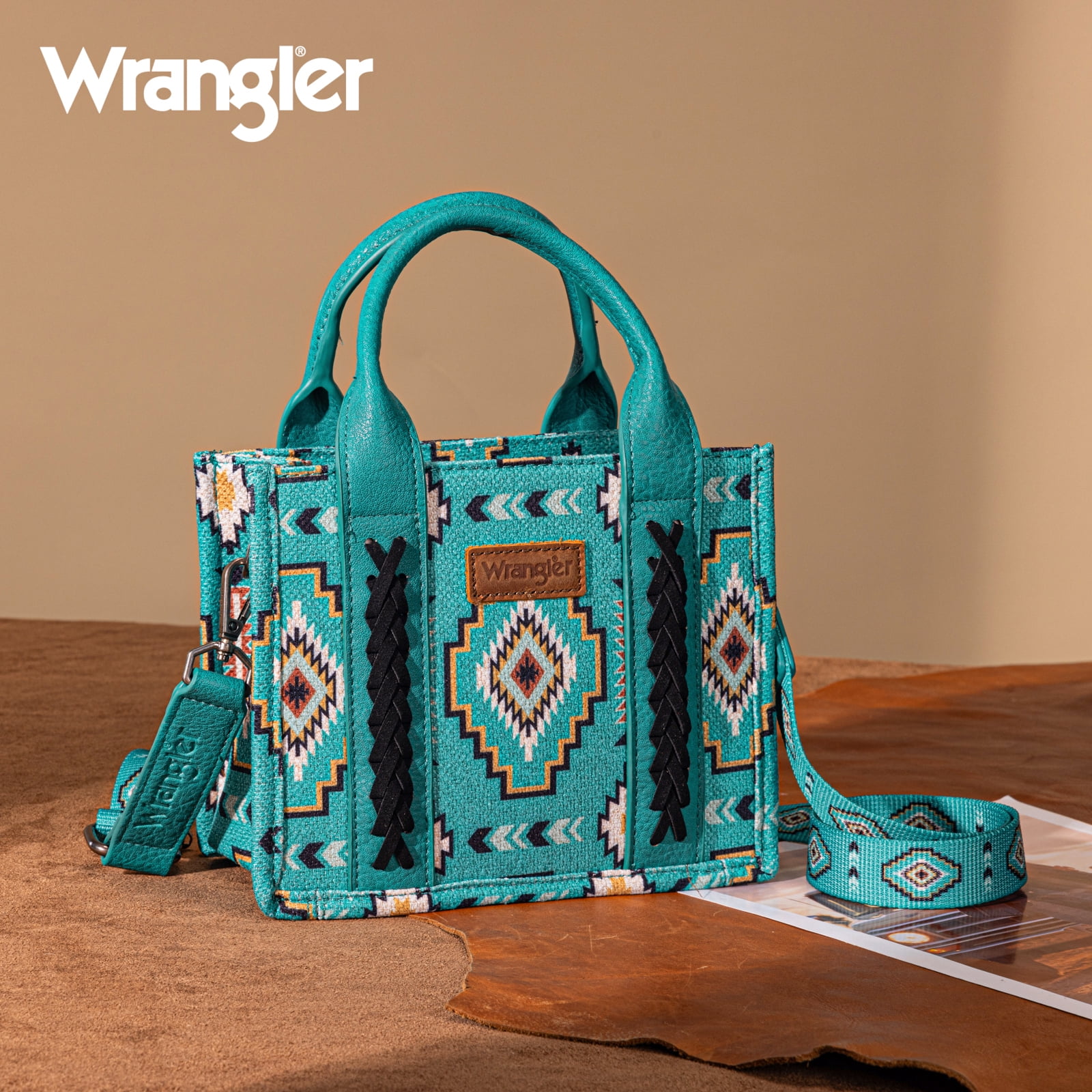 Wrangler Mini Aztec Tote Bag for Women Boho Small Top Handle Purse with Adjustable Strap, Turquoise