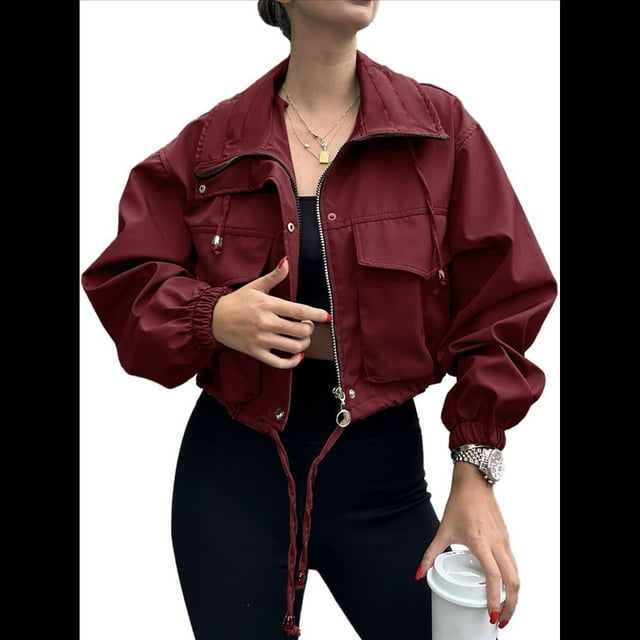 Chaqueta Corta para Mujer, Anorak Utilitario Extragrande con Cremallera y Bolsillos Vino Tinto M