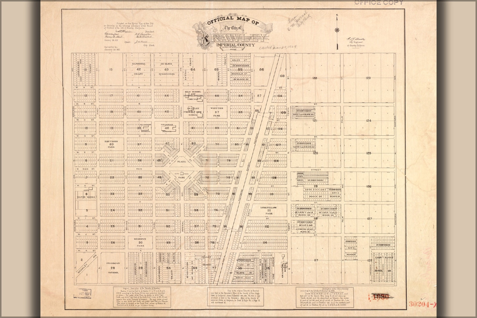 24"x36" Gallery Poster, map of Brawley, Imperial County, California