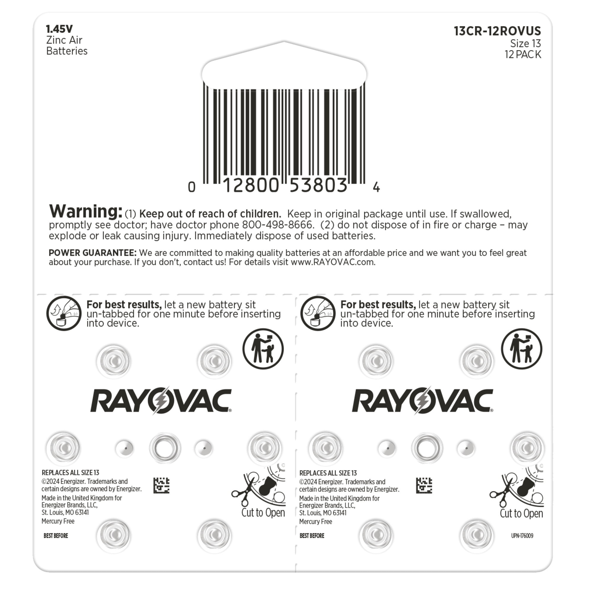 (5 pack) Rayovac Size 13 Hearing Aid Batteries (12 Pack), Size 13 Batteries