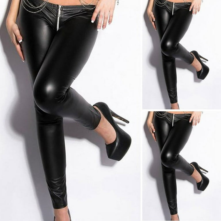 YIWEI Women Low Waist Pu Leather Double Zip Wet Look Leggings