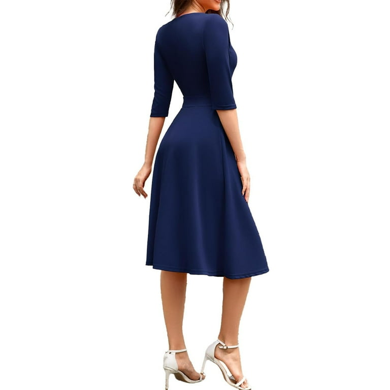 QingYiHua Wedding Guest Dresses for Women formal Summer Casual Elegant  Pleated Cocktail Dresses A-Line Graduation Tea Party Modest Prom Church  Dress,Navy - Walmart.com