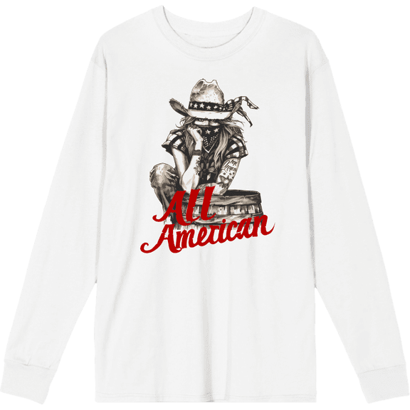 All American Cowgirl Adult White Crew Neck Long Sleeve Tee-Medium