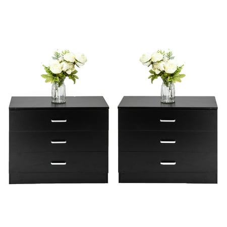 Black Dresser Set Ktaxon Set of 2 pcs Nightstands Dresser Bedside End Table Storage Cabinets with 3 Drawers,Modern Night Table,Black ()