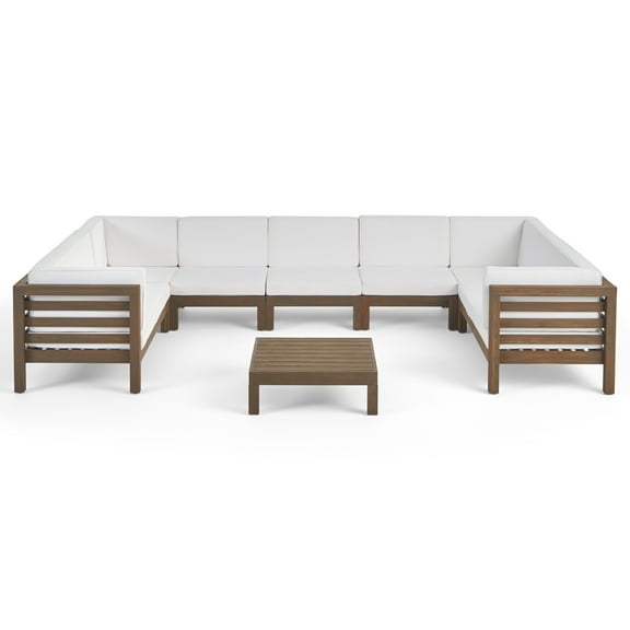 Graham Outdoor 9 Seater Acacia Wood Sectional Sofa Set, Gray Finish, White