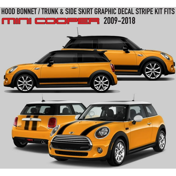 AnyStickerYouWant - Hood Bonnet/Trunk & Side Skirts Decal Stripe Kit Compatible with and Fits on Mini Cooper 2009-2018