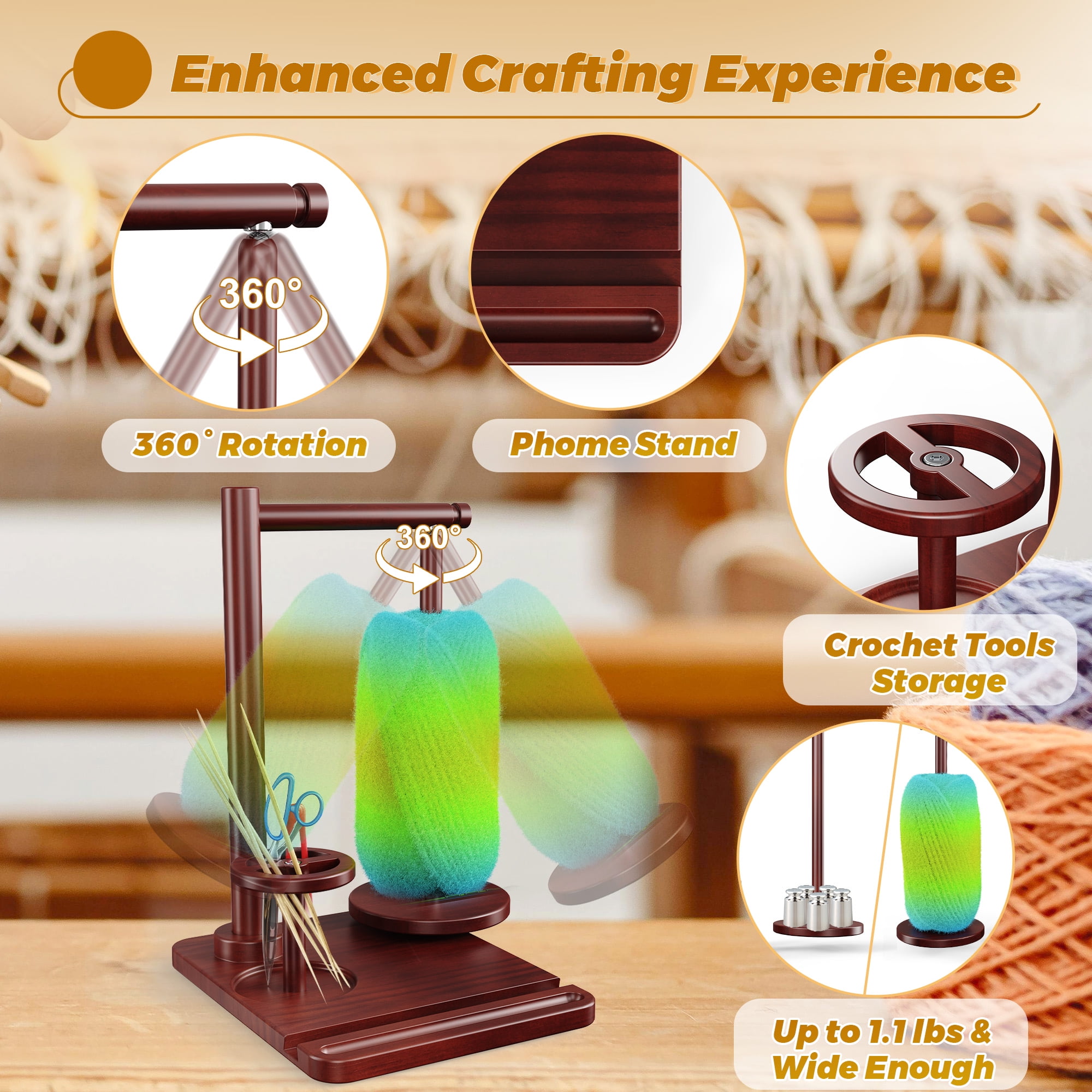 Wooden Yarn Holder for Crocheting and Knitting, Magnetic Crochet Yarn Holder Spinner with Phone Stand and Crochet Accessories Storage, Yarn Ball Winder for Crocheters Knitting Lovers