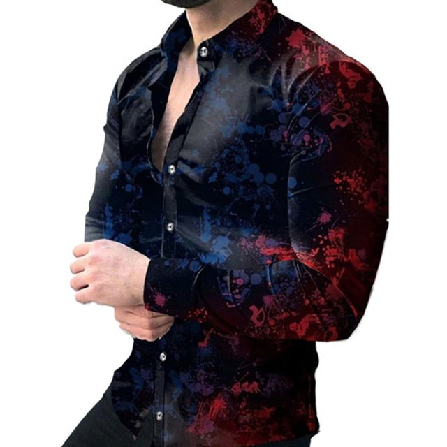 Camisas hawaianas con salpicaduras de tinta Camisas con estampado gráfico Camisas de moda para hombres Blusa de playa de manga larga Camisas con solapa cubana Ropa para hombres