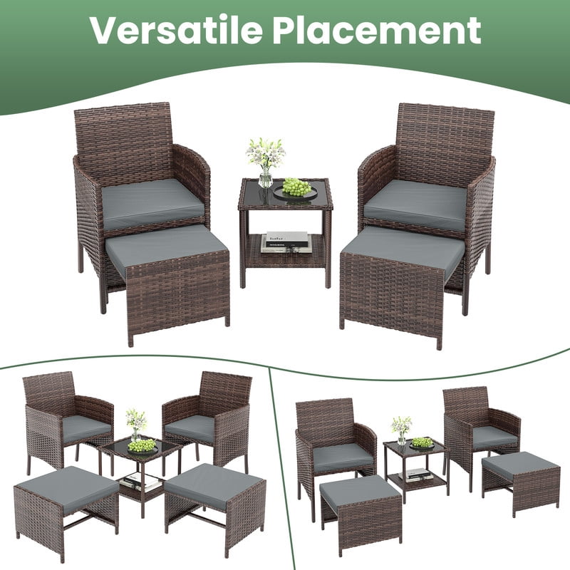 ELPOSUN 5-Piece Patio Furniture Set, Outdoor PE Wicker Conversation Chairs with Ottoman Underneath, Brown Ratan,Gray