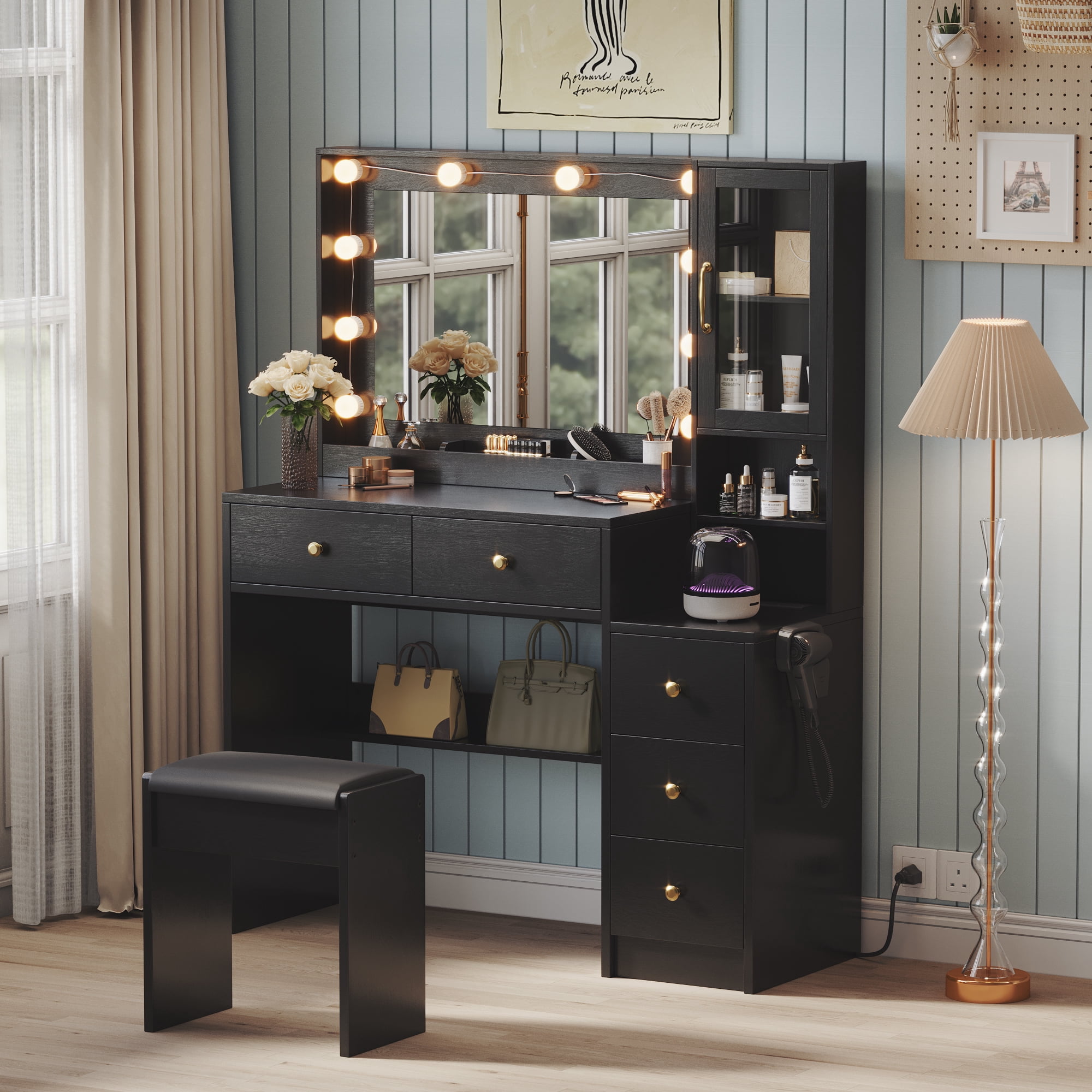 UGTOO 35.4" Modern Makeup Vanity Set with LED Lights & Charging Hub - Black/Wood Dressing Table, 5 Drawers, Stool, Convertible Desk for Small Spaces