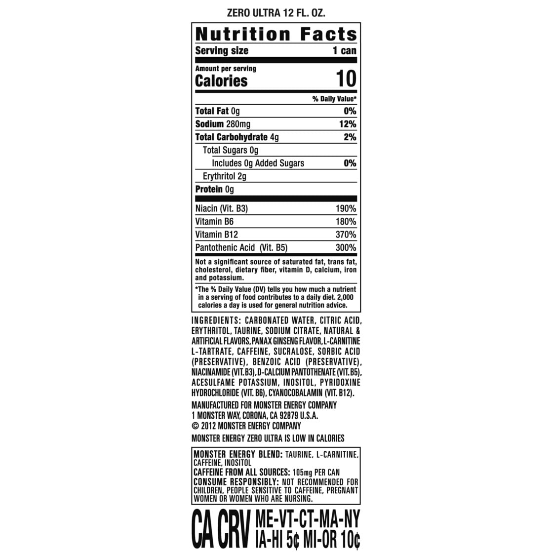Monster Energy, Zero Ultra, Sugar Free Energy Drink, 6 Pack - 12 Fl Oz