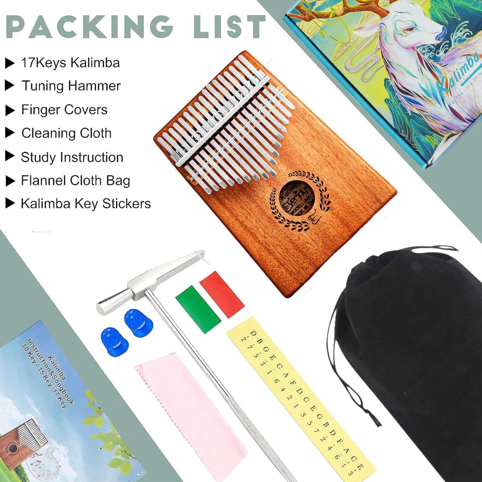 Everjoys Kalimba Thumb Piano 17 Keys, Professional Musical Instrument Finger Piano Marimbas with Portable Bag, Fast to Learn Songbook, Tuning Hammer, All in One Kit