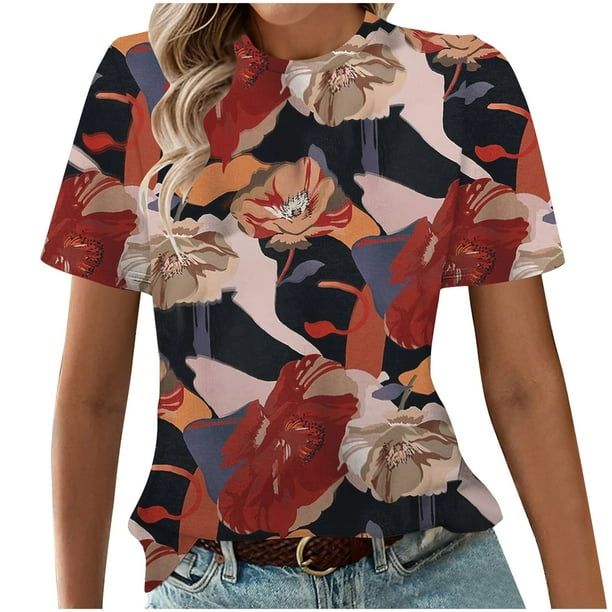 Tops Cortos para Mujeres Casual de Moda Impreso Cuello Redondo, Camiseta de Manga Corta para el Uso Diario, Fiesta Y Cómodo