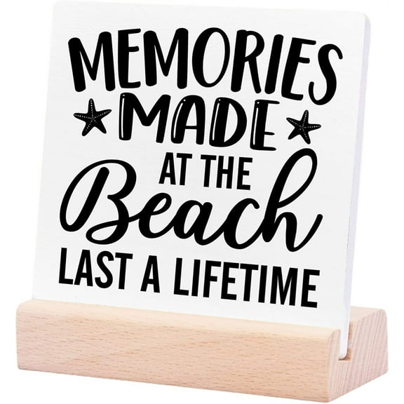 Ceramic Sign 4x4Inch Beach Sayings Ceramic Plaque Sign Beach House Decor Memories Made At The Beach Last A Lifetime Wood Sign Desk Decoration Plaque Sign with Wood Stand For Shelf Home Gift For Women